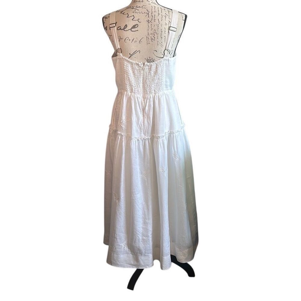 Anthropologie Flax Linen Ilet Embroidered Maxi Boho Square Neck White Dress M - Picture 3 of 16